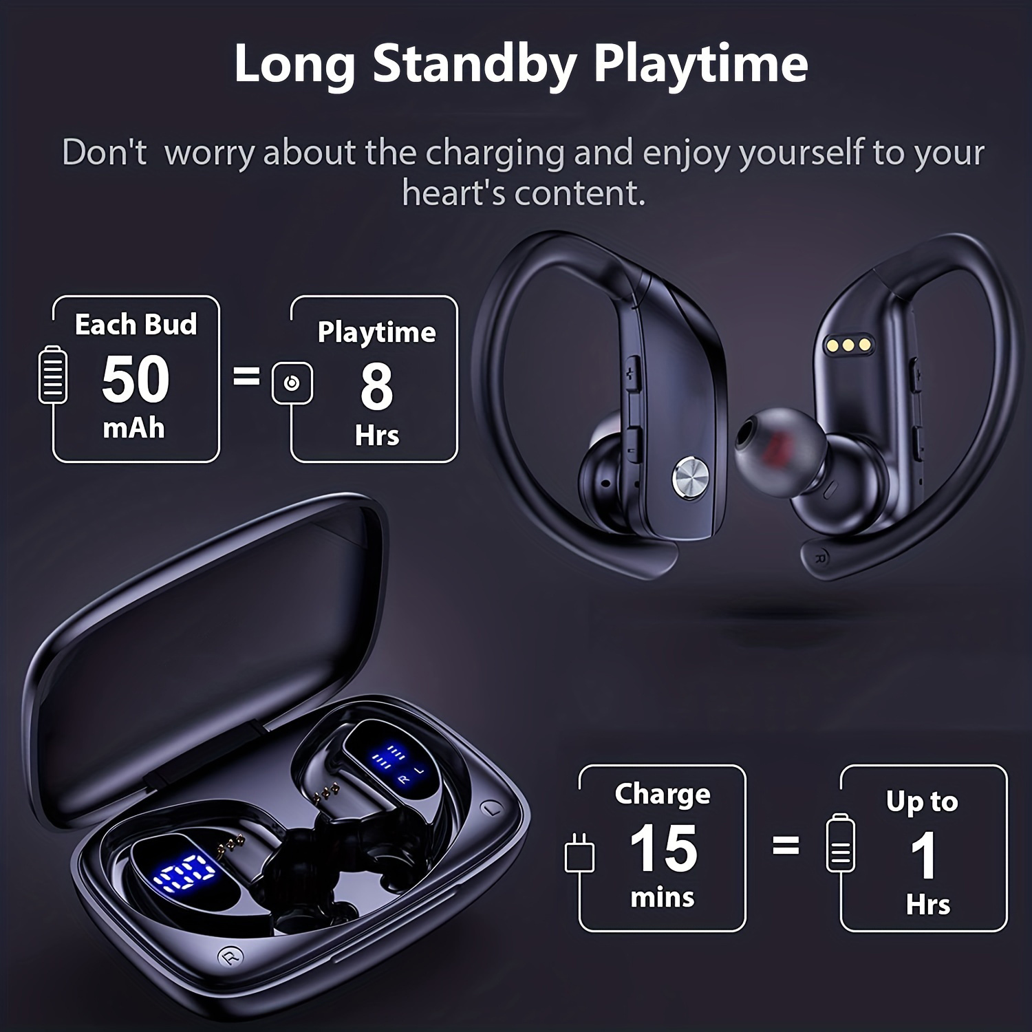 Écouteurs sans fil, écouteurs stéréo Surround, écouteurs de sport longue durée de lecture avec écran LED, écouteurs supra-auriculaires avec crochets d'oreille, micro intégré, bruit_voghion.com