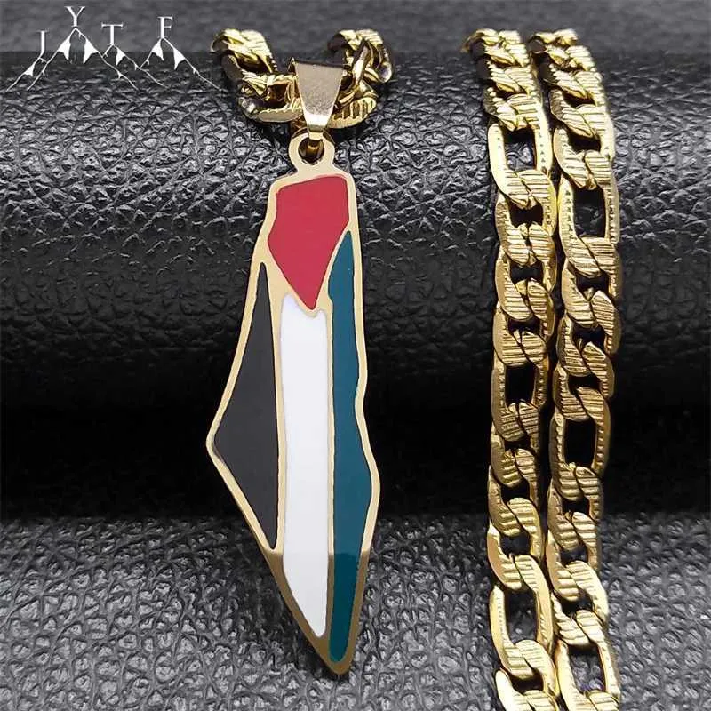 Palestine Map Flag Pendant Necklace Stainless Steel Gold Plated_voghion.com
