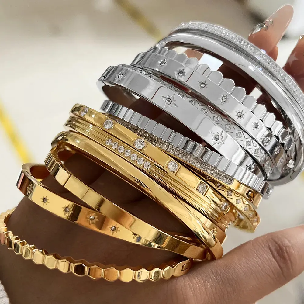 Bangle Bracelet Waterproof White Cubic Zirconia Gold Plated_voghion.com