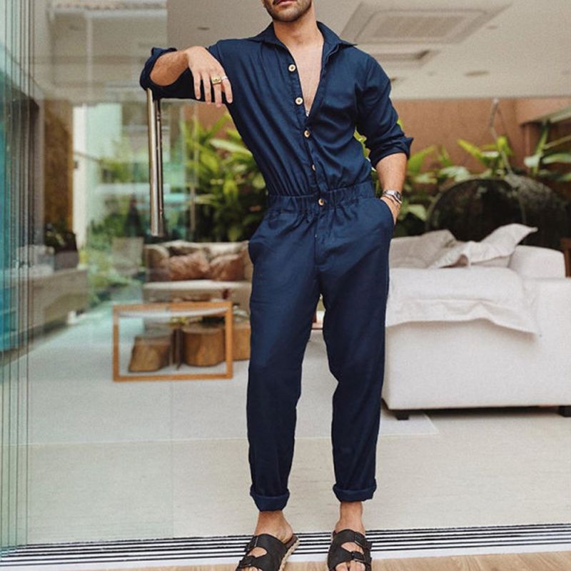 2024 Mænd Ensfarvet Jumpsuit Playsuit Knapper Casual Cargo Tøj Overalls Turn Down Krave Langærmet Oversized_voghion.com