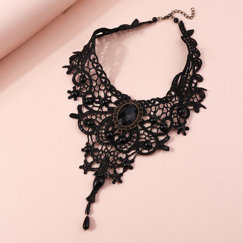 Collier chaîne de clavicule en dentelle noire créative de style gothique_voghion.com