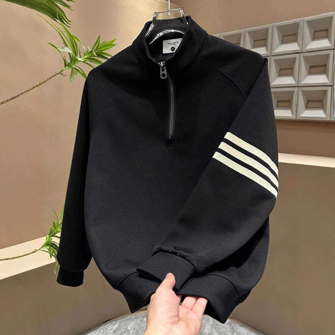 Men's Clothing New autumn and winter fashion stand up collar half zip sweatshirt for men, simple trendy striped color matching all match casual tops