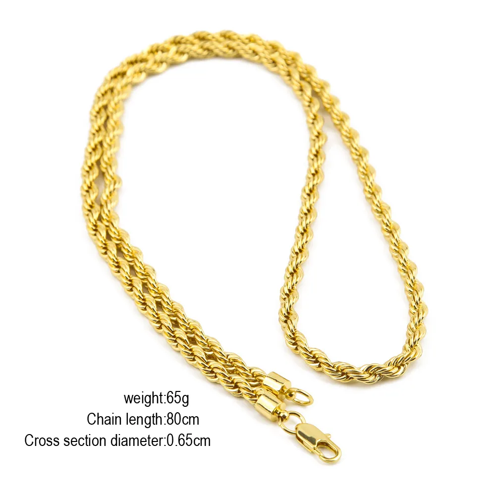 6,5 mm dicke, 75 cm lange, gedrehte Seilkette, vergoldet, schwere Hip-Hop-Halskette für Männer und Frauen_voghion.com