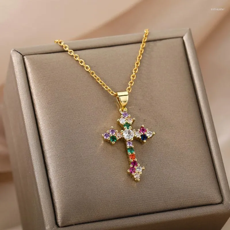 Collane con ciondolo Collana con croce colorata in zircone per donna Acciaio inossidabile Oro Luna Cristallo Gotico Vintage Boho_voghion.com