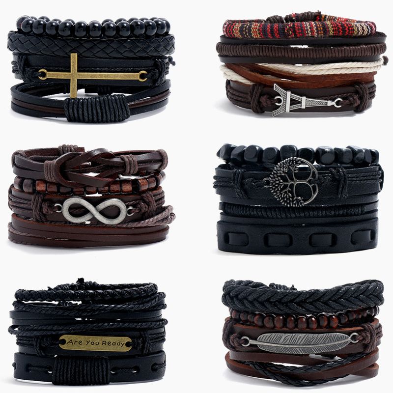 Semplice abito fai da te in pelle di mucca intrecciata da uomo e da donna multistrato combinazione Bracciale accessori_voghion.com
