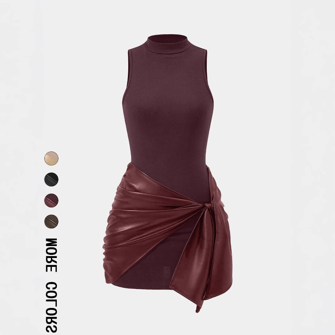 Women's Clothing Solid Color Sleeveless Mini Dress Front Tie Decoration Two Piece Set