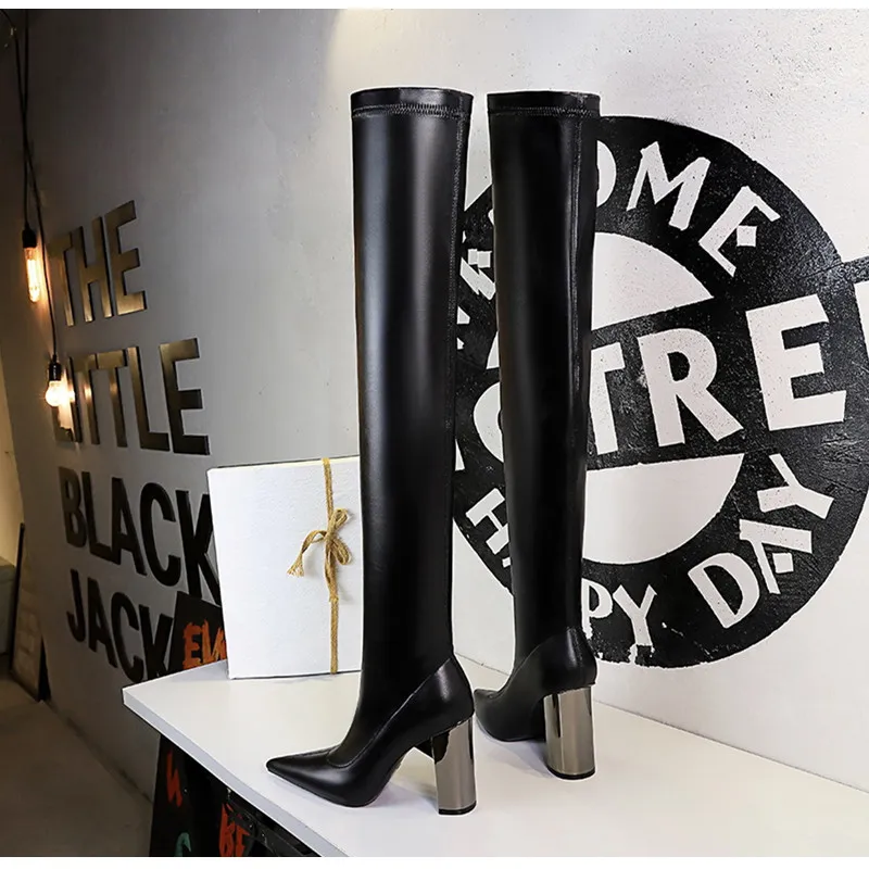 Brand Women Leather Thigh Thick High heels Stretch Skinny Over the knee boots Autumn Winter Warm Female Boots Shoes_voghion.com