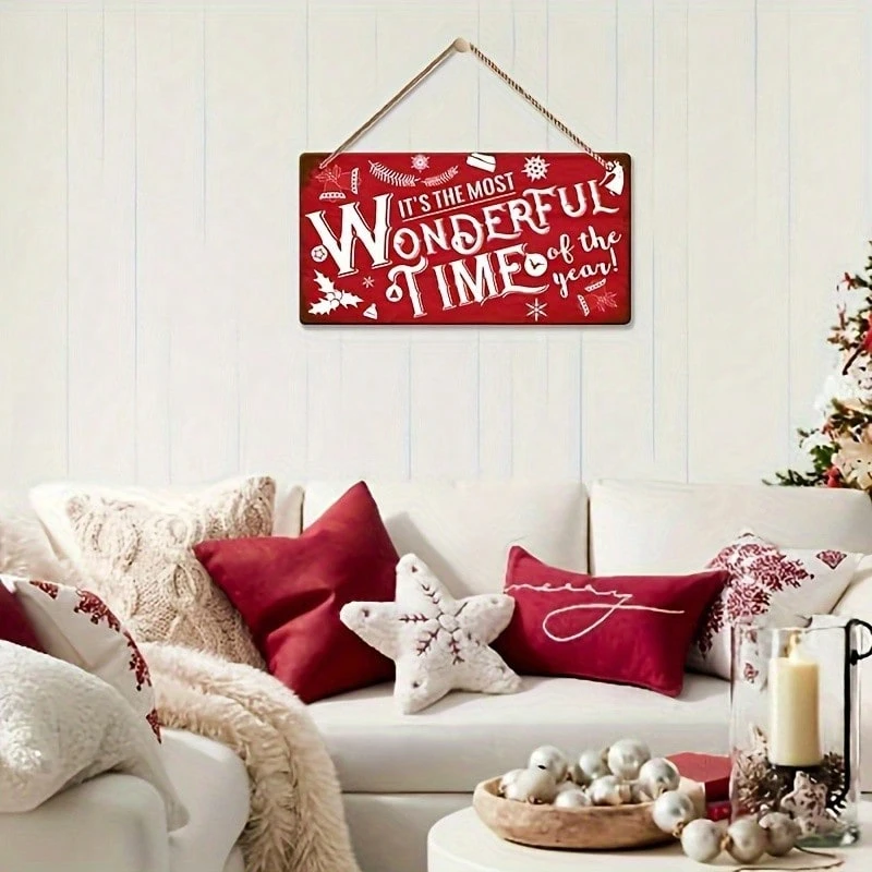 Świąteczny, czerwony, drewniany, wiszący znak dekoracyjny – zimowy wzór, odpowiedni do świątecznego wystroju domu, dekoracji domu, dekoracji świątecznych, wystroju pokoju_voghion.com