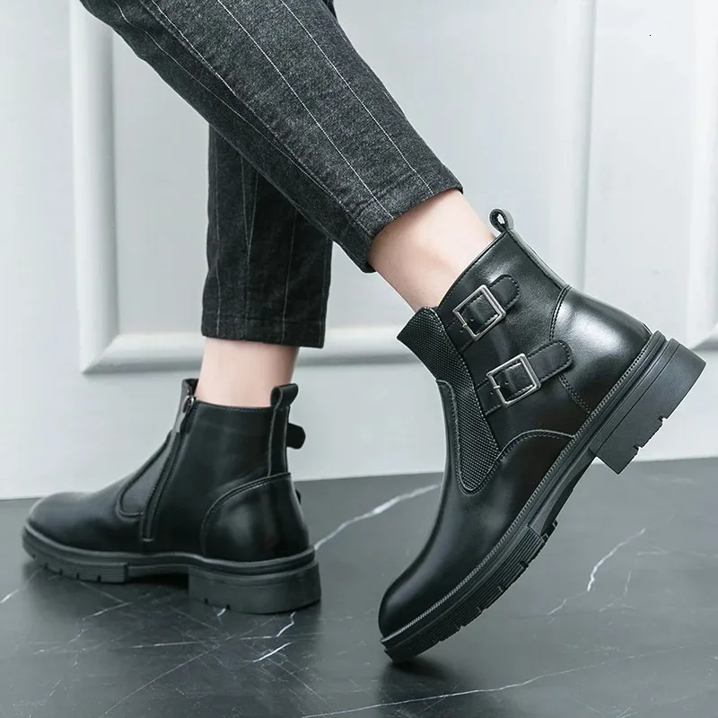 Classic Leather Business Ankle Boots For Men With Double Buckle_voghion.com