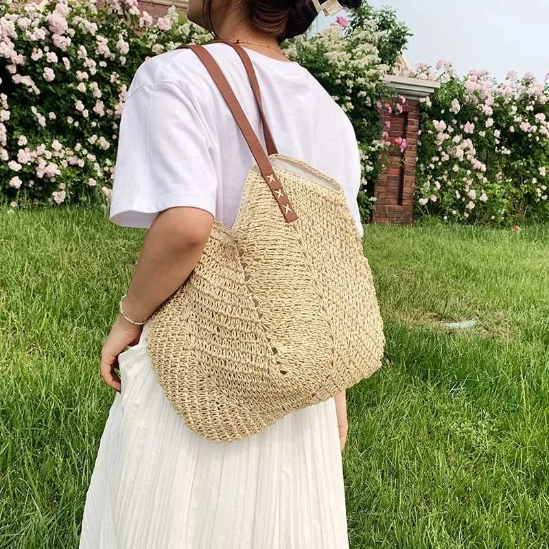 Summer grass woven shoulder bag Latan Beach large capacity handmade vacation travel shopping handbag Y241011_voghion.com