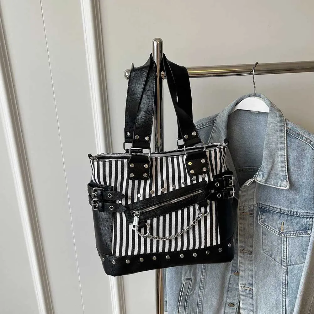 Frauen Schulter Mode Patchwork Handtasche Große Kapazität PU Punk Gestreiften Stilvolle Umhängetasche Chic Hobo Ba241216_voghion.com