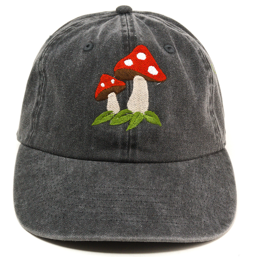 Vintage Washed Cotton Baseball Cap Mushroom Embroidery Dad Hat_voghion.com