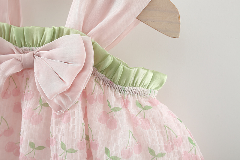 New Girls' Summer Dress Halter Pompadour Skirt Bow Cherry Cherry Lady Style Princess Dress Birthday Party Sleeveless Dress (Girls 0-3 Years Old)_voghion.com
