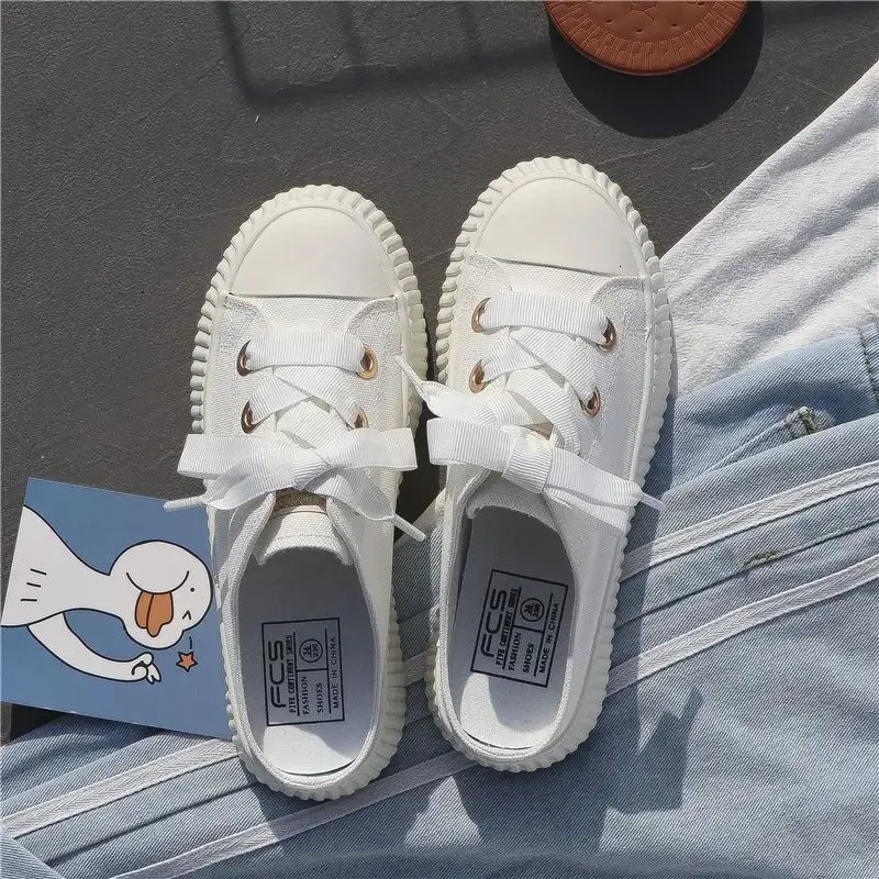 Sneakers estive da donna, pantofole e sandali da donna, ciabatte sportive con fiocco, scarpe alte, punta tonda, cotone, junior, bianco F_voghion.com