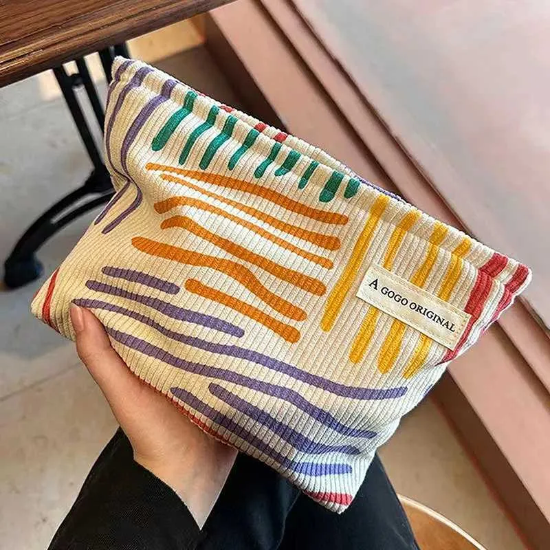 Corduroy Clash Color Stripe Washing Womens Travel Beauty Storage Box Makeup Organizer Clutch Bag Y241023_voghion.com