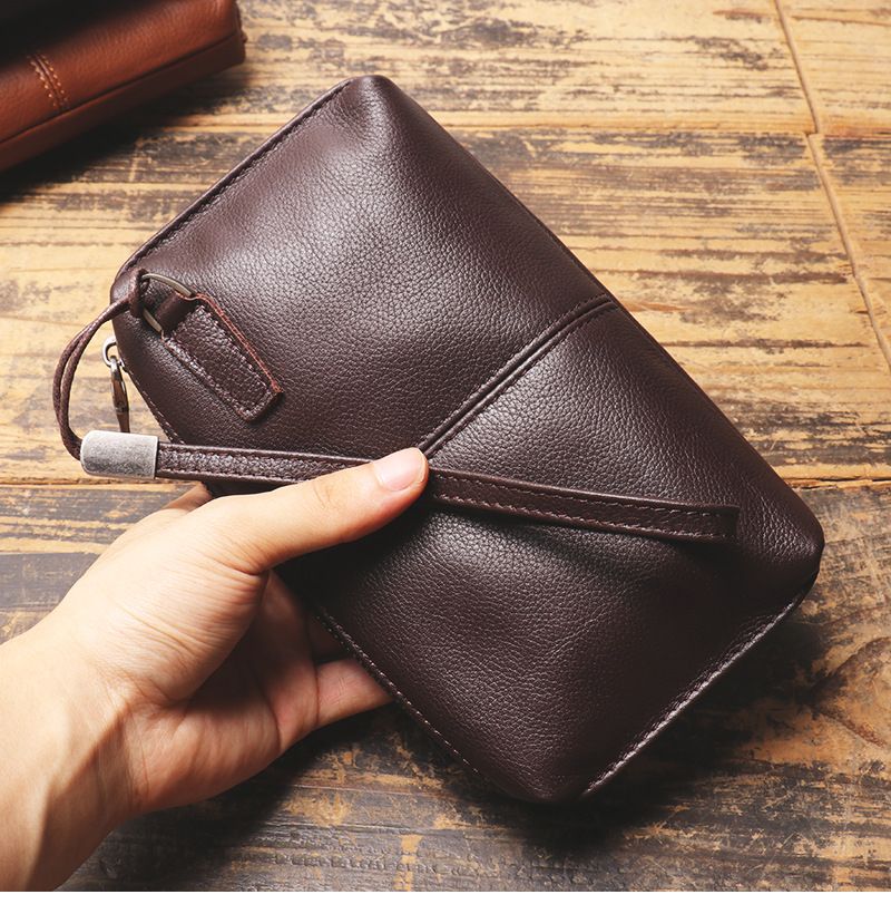 Herrenhandtasche echtem Leder, weicher Lederreißverschluss, lange Brieftasche, lässige Telefontasche aus Rindsleder der_voghion.com