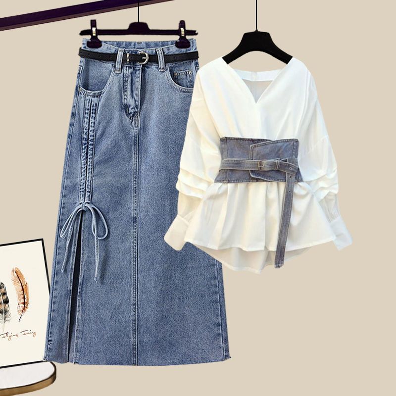 Costume grande taille pour femmes, chemise à taille, jupe en jean, costume deux pièces tendance