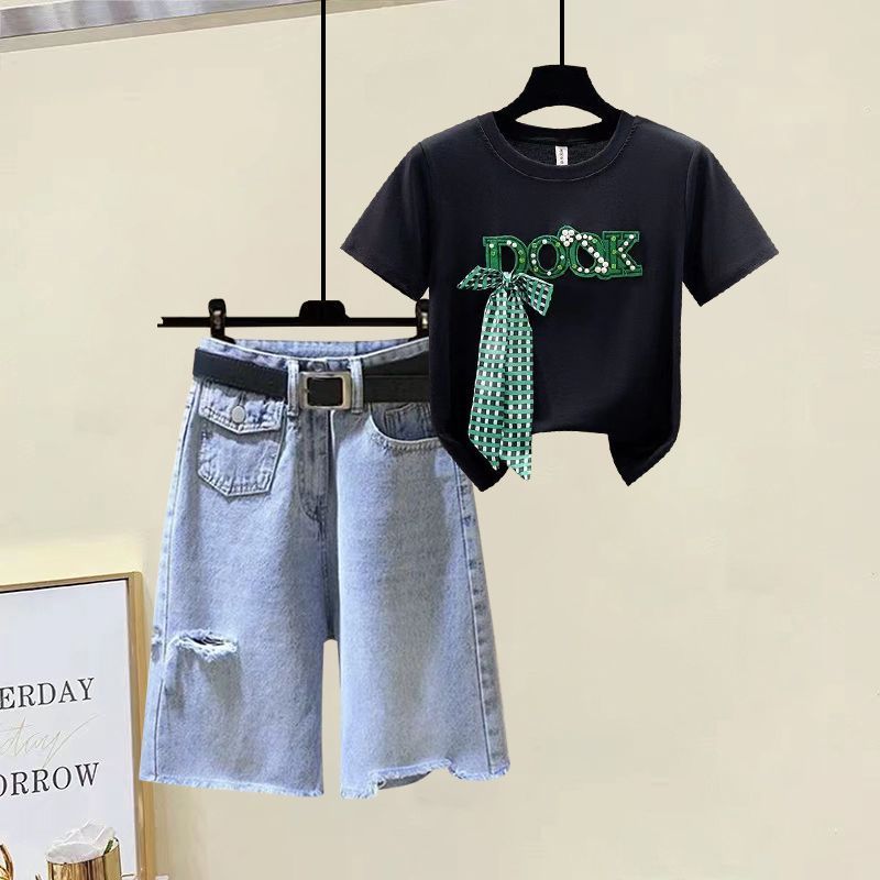 Women's Clothing fashion color matching embroidery short-sleeved T-shirt raw edge hip-wrapped A-line high waist denim skirt