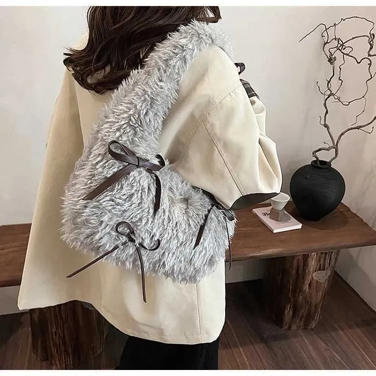Sac à main en peluche douce pour femme, solide, moelleux, nœuds, appliques, épaule, femme, automne, hiver, mignon, sous les aisselles, paquets, poignée, dame_voghion.com