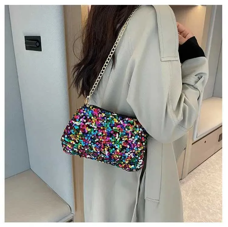 Sac à bandoulière à chaîne simple INS couleur unie paillettes sac à bandoulière portefeuille mobile sac à main de nuit Y241019_voghion.com
