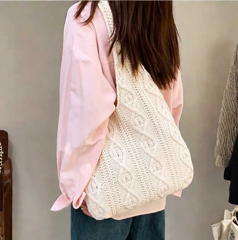 Vintage Strick Schultertasche Für Damen, Große Handtasche Casual_voghion.com
