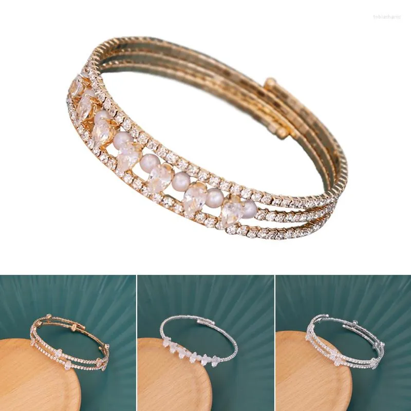 Bangle Single Rows Pearl Bracelet Rhinestone Inlaid Open Cuff Adjustable Stretch For Friends Sisters HSJ88_voghion.com