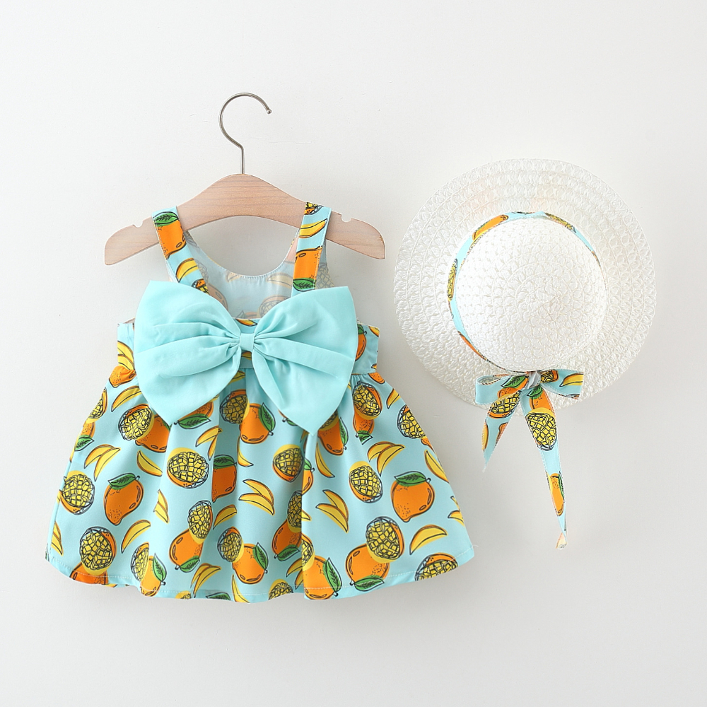 Baby Girl Summer Dress Mango Fruits Printed Bow Tank Dress Tropical Hawaiian Beach Style Dress Send Hat_voghion.com