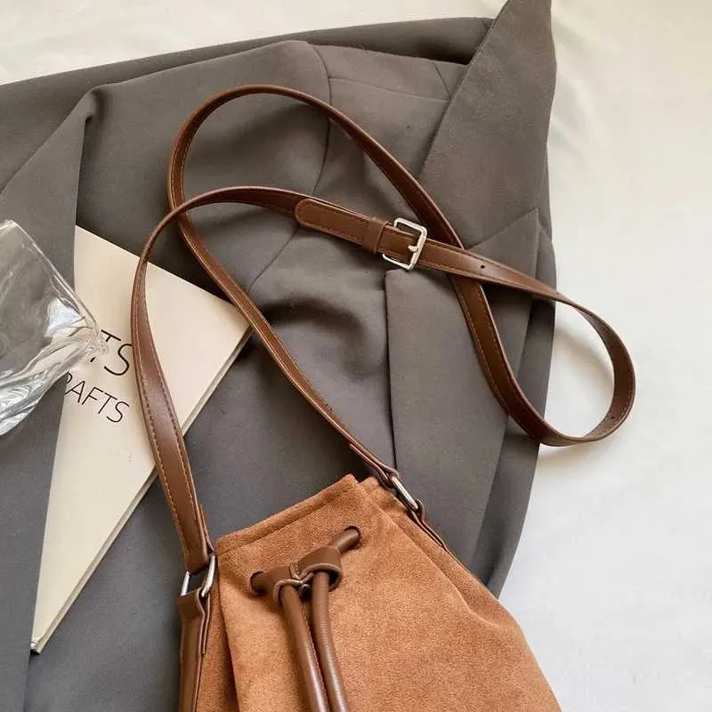 Suede Drstring Small Shoulder Bag Dark BrownC241217_voghion.com