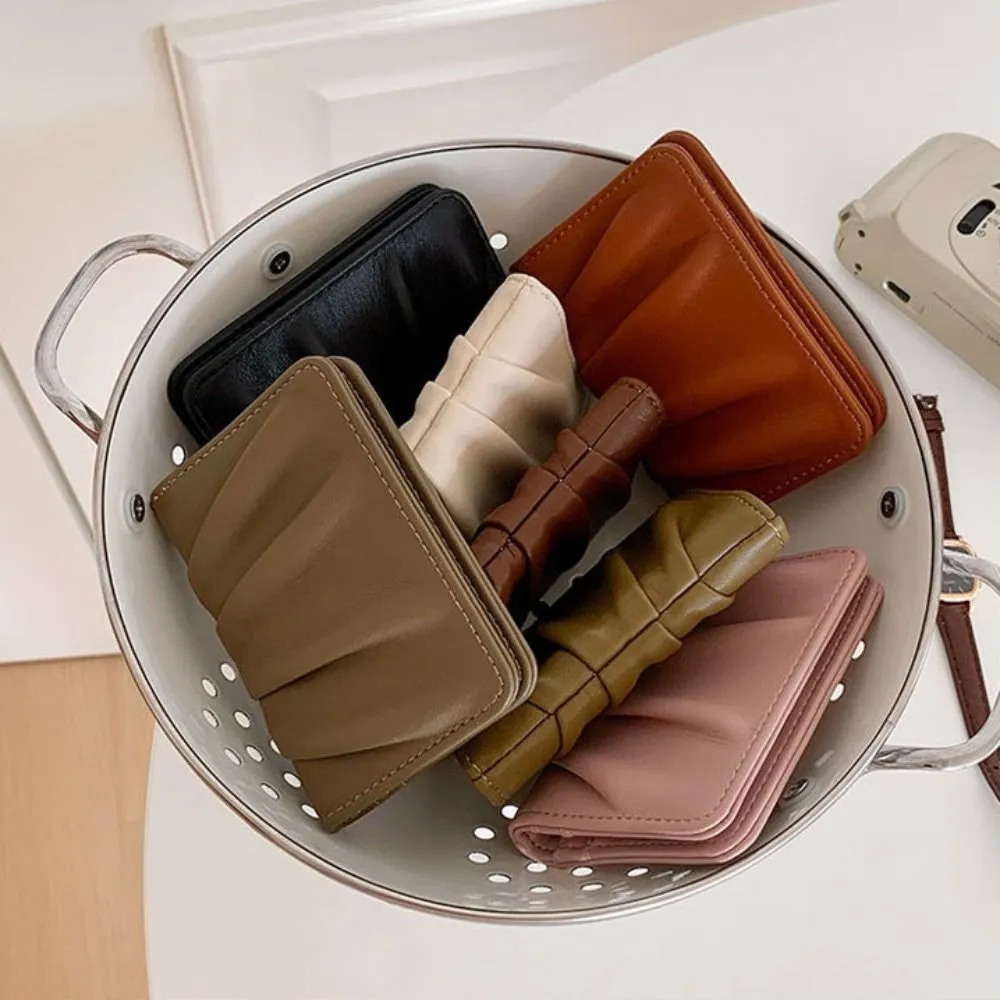 New Wrinkled Bag Anti Thief Solid Color Card Case Ultrathin PU Leather Short Purse Woman_voghion.com