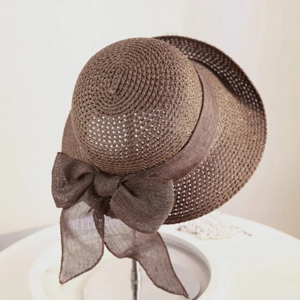 New Arrivals Women Fashion Straw Female Vacation Summer UV Protection Visor Beach Outing With Ribbon Foldable Sun Hat_voghion.com