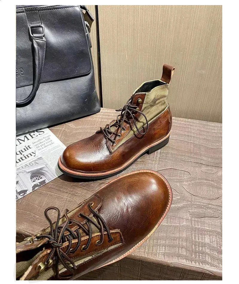 Vīriešu augstie ādas zābaki retro stila rudens ziemas_voghion.com