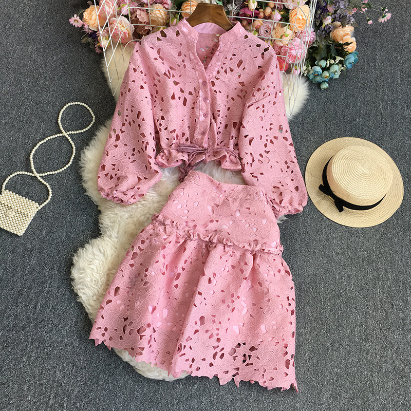 Ensemble jupe et manches longues en dentelle de couleur unie pour femme