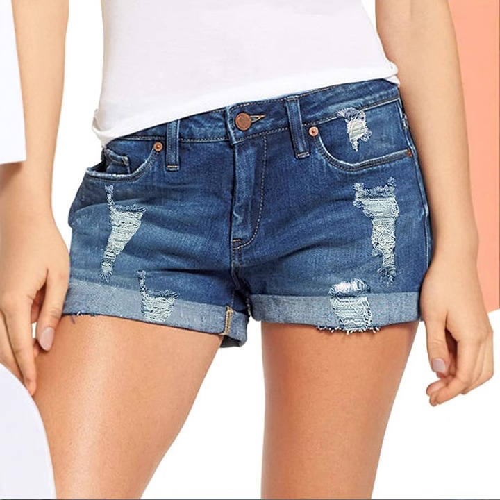 Women's Clothing Elastic Ripped Denim Shorts Women
