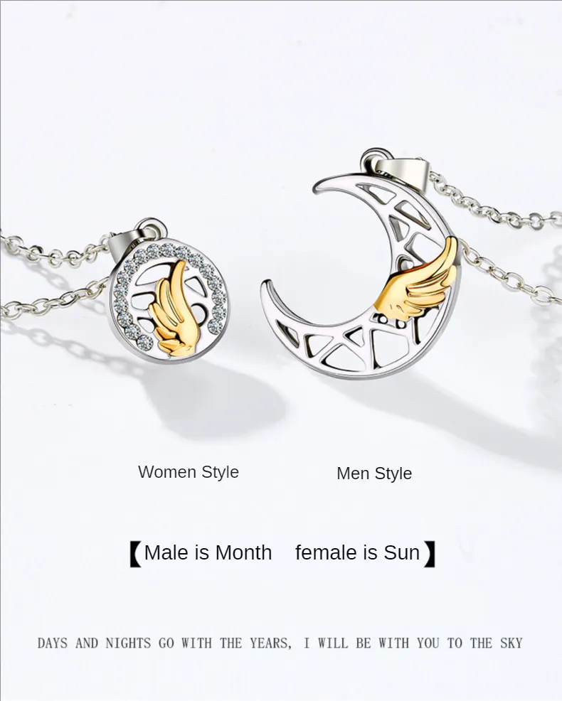 Naszyjniki z wisiorkami Słońce Księżyc i gwiazdy Naszyjnik dla par Pióro Skrzydło Magnes Przyssawka Łańcuszek obojczyka Dla mężczyzn Kobiety Obojczyk_voghion.com