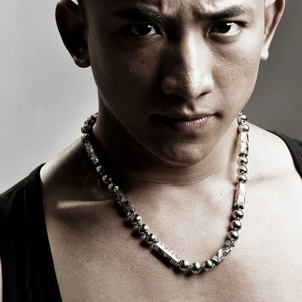 Sterling Silver Chain Necklace For Men Geometric Vintage Style_voghion.com