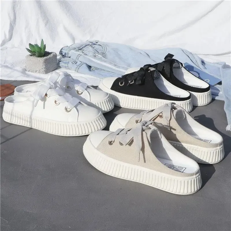 Sneakers estive da donna, pantofole e sandali da donna, ciabatte sportive con fiocco, scarpe alte, punta tonda, cotone, junior, bianco F_voghion.com