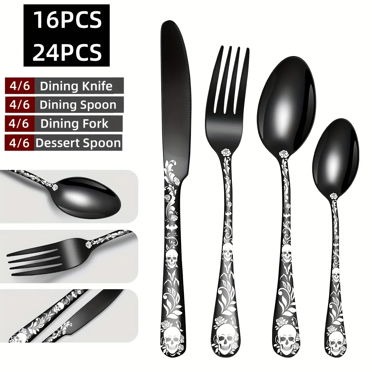 Gothic Cutlery Set - Skeleton/Bat｜24-Pc｜Steak Knives_voghion.com
