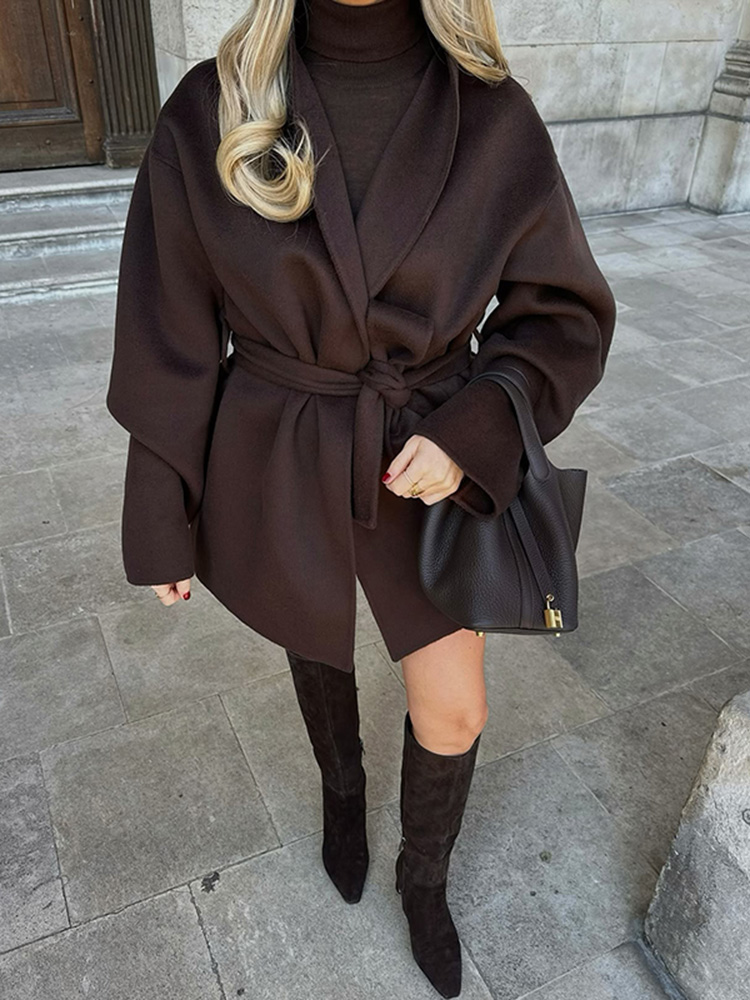 New Women’s Fashion Solid Coat Cardigan With Belt Casual Loose V-Neck Long Sleeve Lace Up Jackets 2025 Autumn Lady
