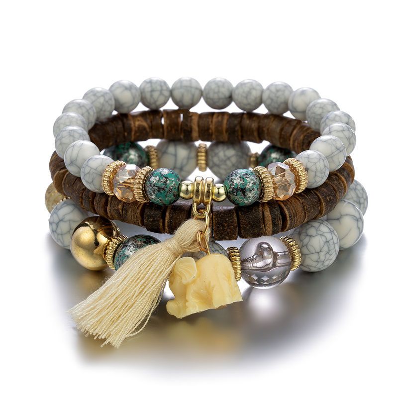 Bohemian trendy simple little elephant tassel beads multi-layer temperament bracelet Jewelry
