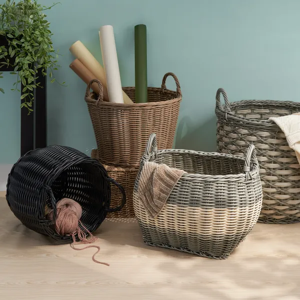 Zita Oval Resin Woven Wicker Multi-Use Storage Basket With Handles - 18' X 15' X 15' - White-Gray - For Towel, Toys, Magazines Storage And Home Deco_voghion.com