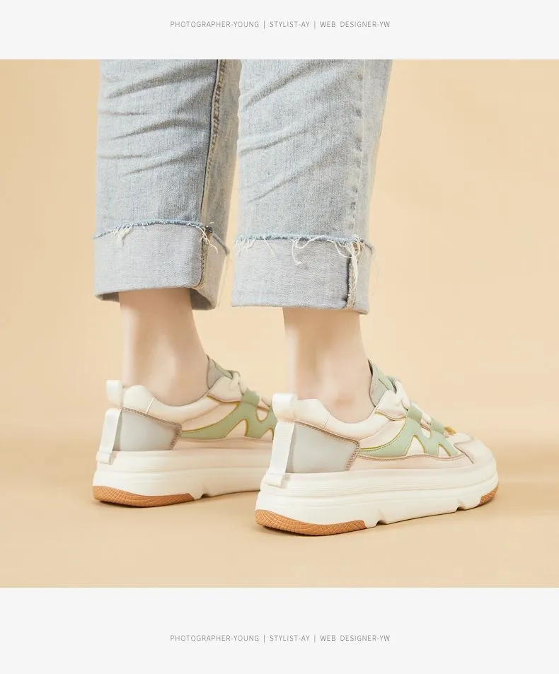 Genuine Leather Thick Soled Round Toe Low Top Skateboarding Casual Fashionable Versatile And Cute Sports Shoes_voghion.com