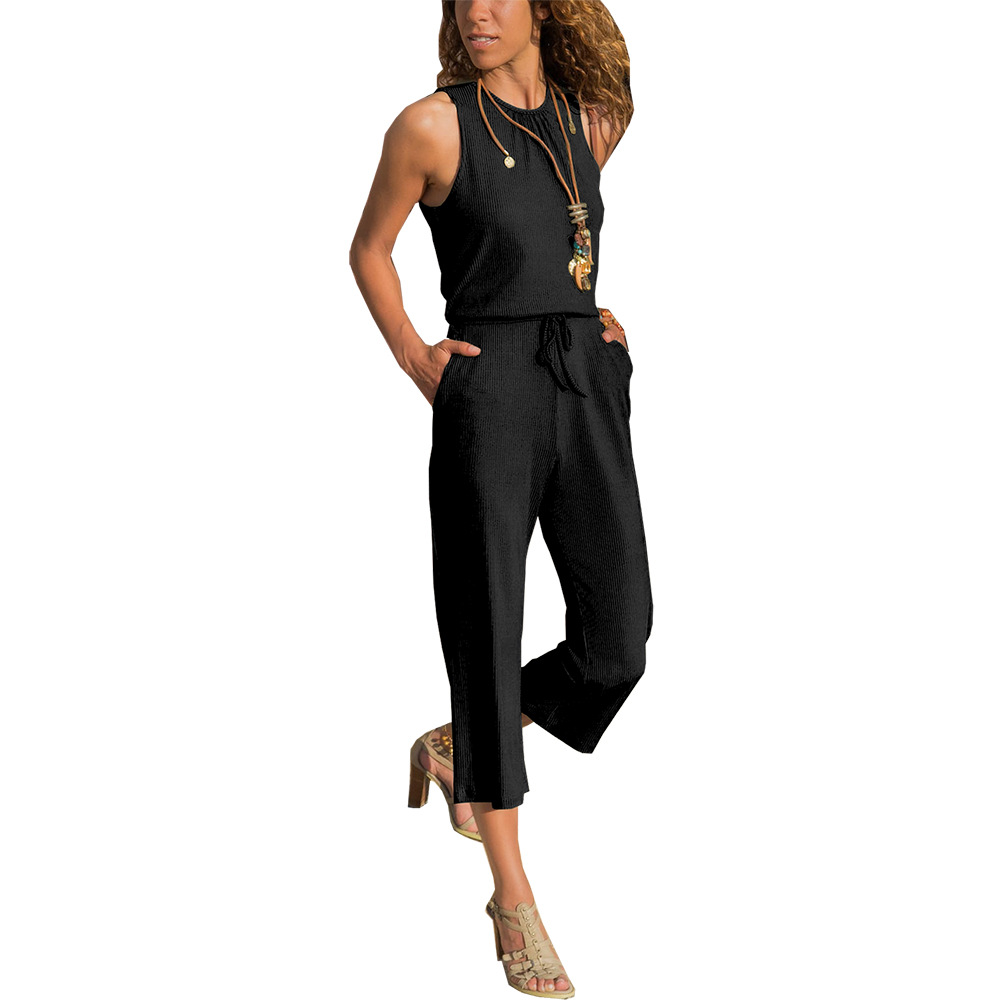 Damen Rundhals ärmellose Pit Stripe Neun-Punkt-Overall Coole Hose_voghion.com