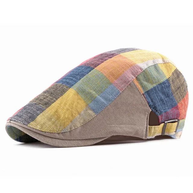 Nouveautés 2024 Printemps Été Couleur Plaid Newsboy Casquettes Hommes Coton Plat Visière Chapeau Femmes Peintre Béret Chapeaux 05_voghion.com