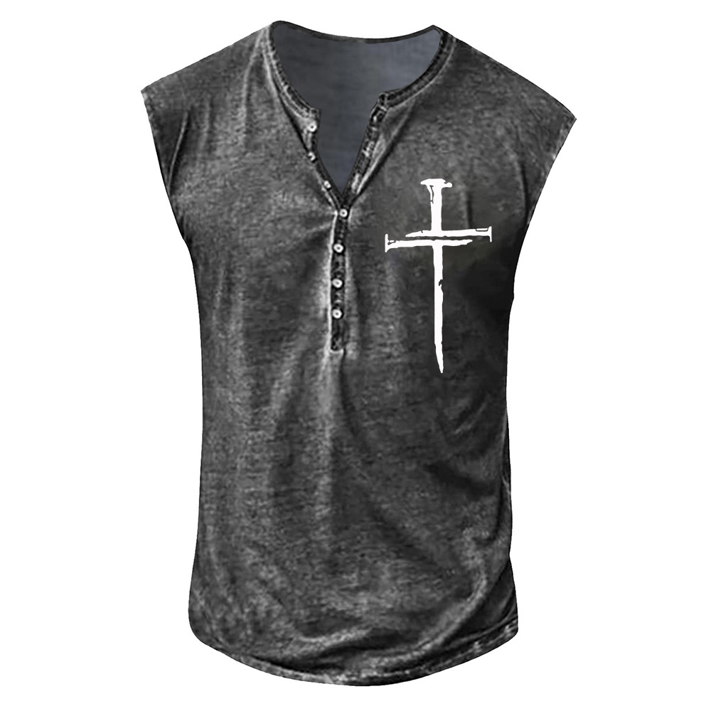 Youth Men's Cross Print Collarless Casual Tank Top Large Men's Vest_voghion.com