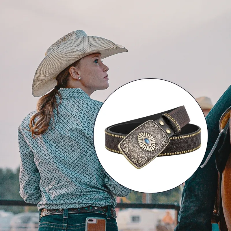 Gürtel Westerngürtel für Damen und Herren, Cowboy- und Cowgirl-Stil, geschnitztes Leder, Country-Metallschnallen, verstellbarer Bund_voghion.com