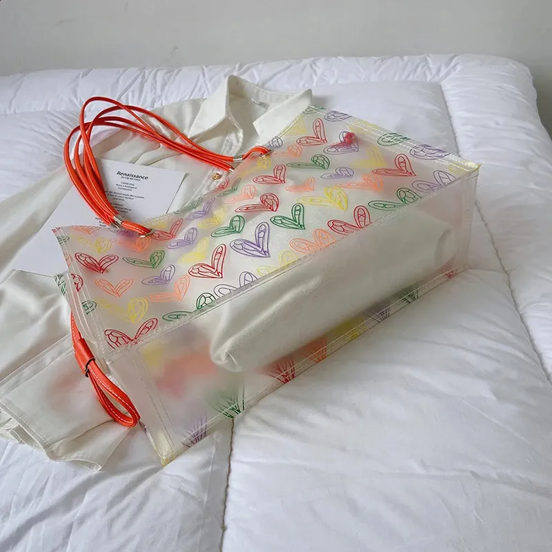 Heart Pattern Clear Pvc Tote Bag And Shoulder Bag Set For Summer_voghion.com