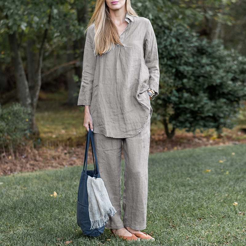 Women's shirt wide-leg pants solid color elegant casual retro suit_voghion.com