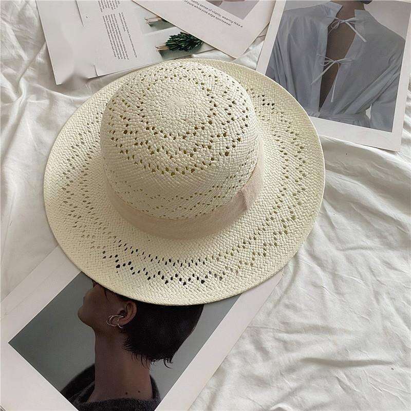 Derselbe vielseitige französische Reis-Strohhut aus weißem gewebtem Stroh für die Freizeit im Urlaub, flache Oberseite und Traufenhut, Sommer_voghion.com