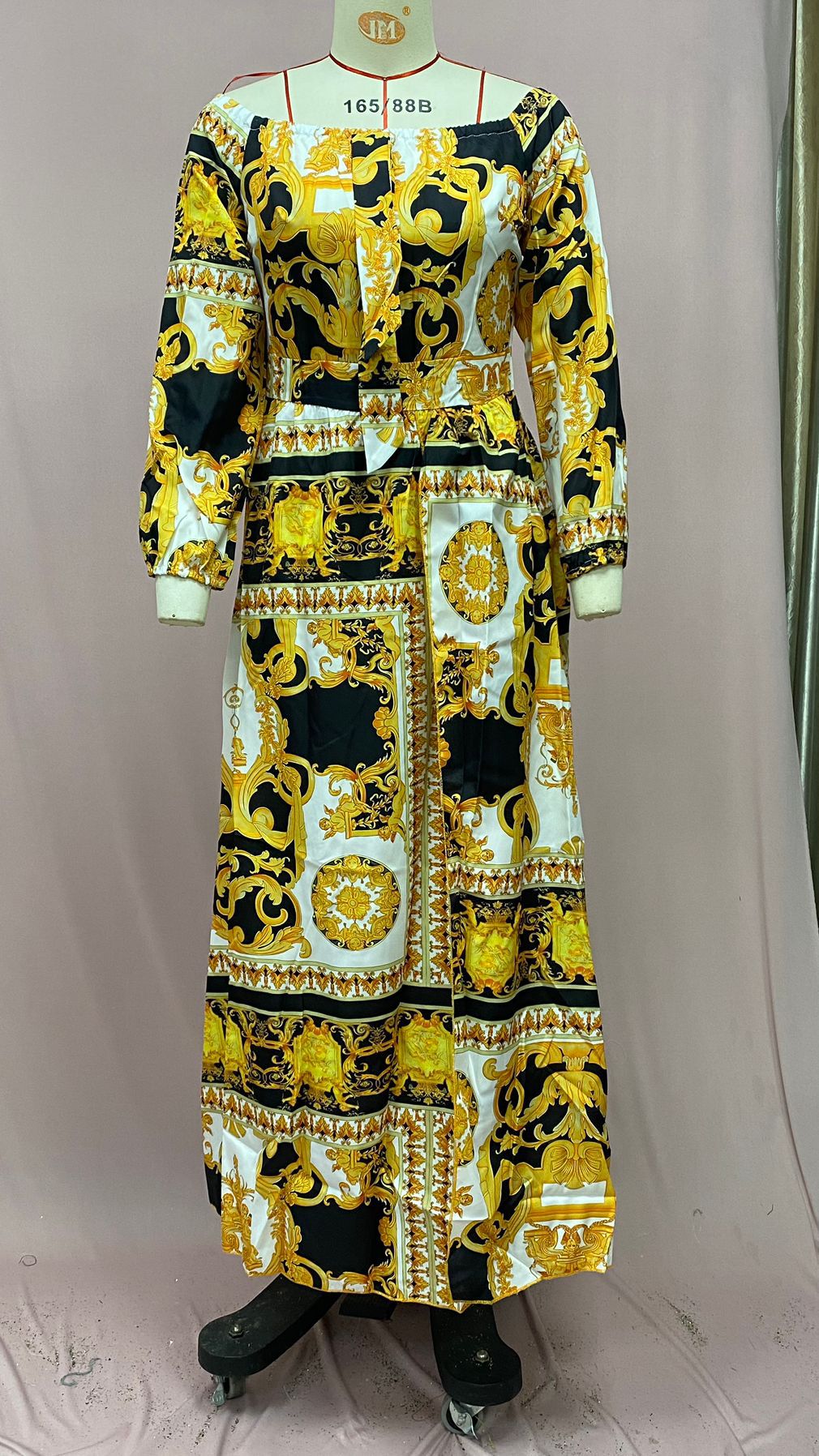 Dress Printed V-neck Retro Long Sleeve Swing Slit Long Dress_voghion.com