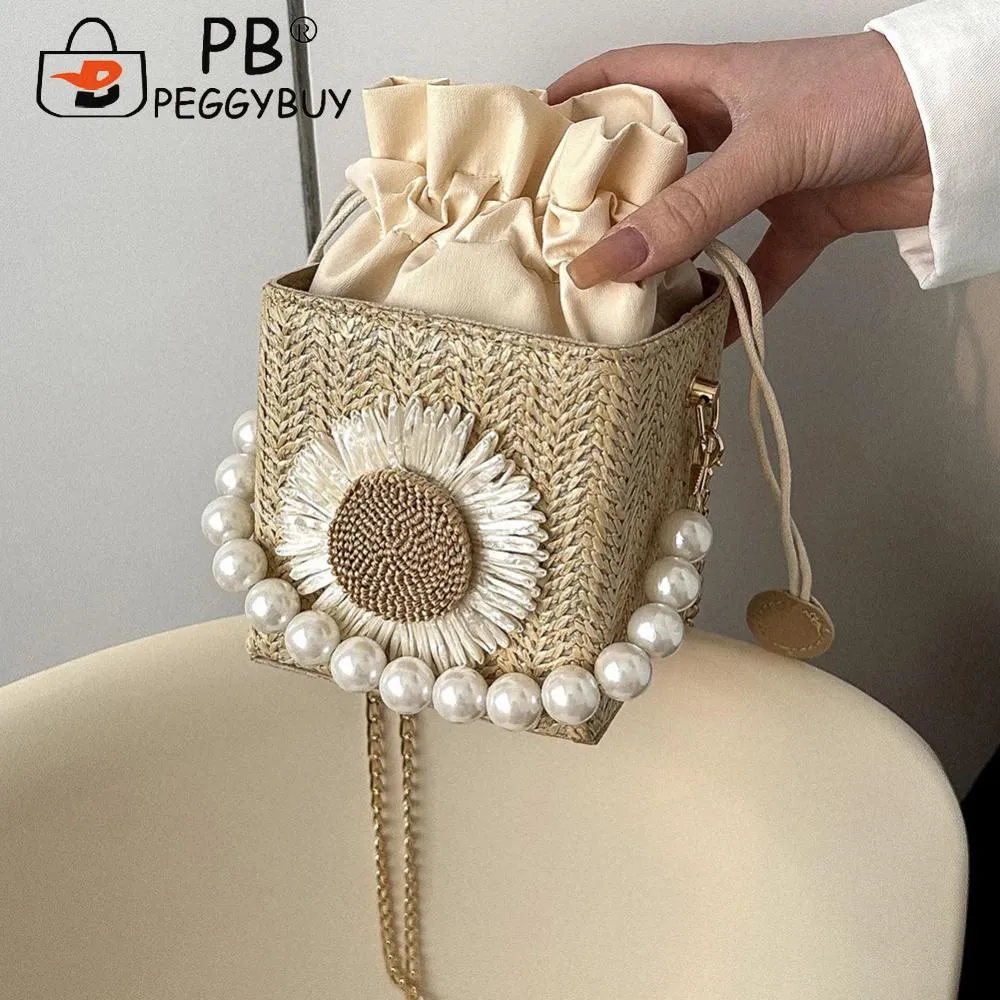 Borsa a tracolla quadrata da donna, leggera e traspirante, in paglia e perle, per viaggi di piacere e vacanze, con girasole_voghion.com